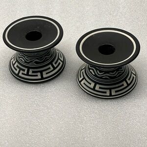 Greek hand made candlestick holders. Black/white painted Greek key pattern.